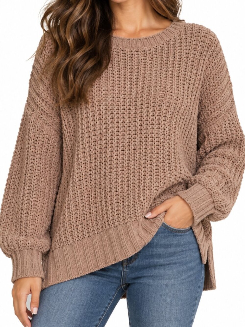 AMERICAN EAGLE AEO Chunky Chenille Knit Sweater Brown Tan Small Oversized Cozy